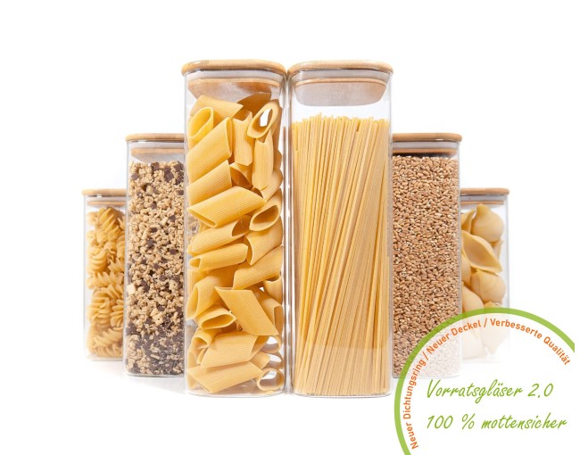 Square storage jars with bamboo lids, set of 6 large