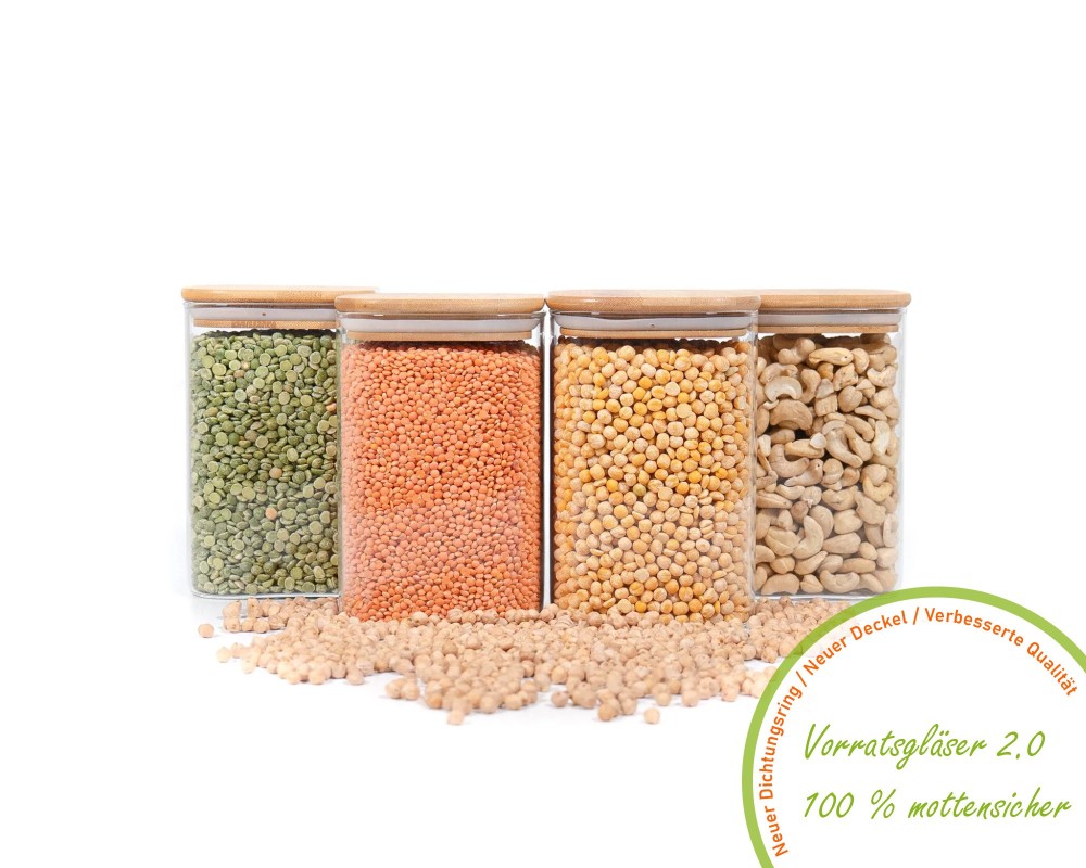 Square storage jars with bamboo lids, set of 4, 1200 ml