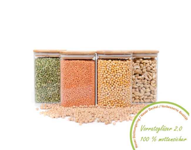 Bocaux de conservation carrés avec couvercles en bambou, lot de 4, 1200 ml