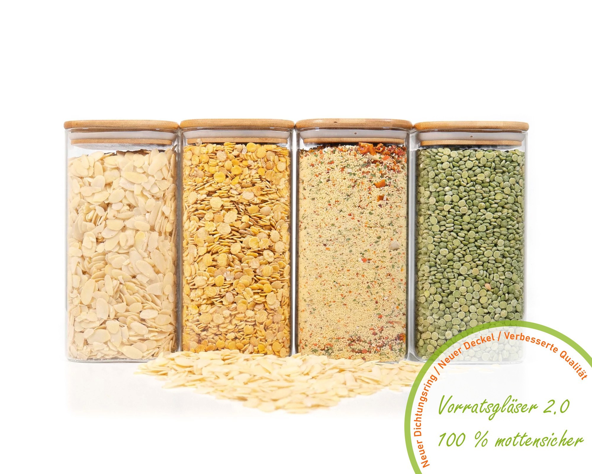 Square storage jars with bamboo lids, set of 4, 1600 ml Square storage jars with bamboo lids, set of 4, 1600 ml