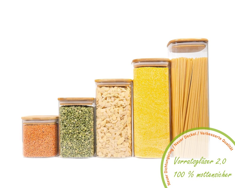 Square storage jars with bamboo lids, set of 5