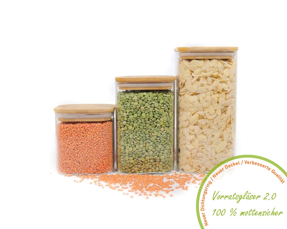 Square storage jars with bamboo lids, set of 3