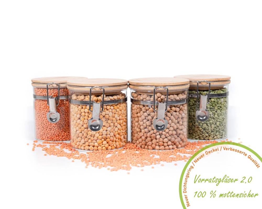 Clip-on storage jars with bamboo lids, set of 4, 750ml