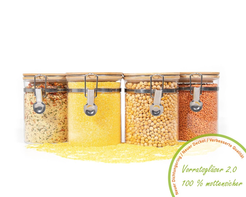 Clipverschluss Vorratsgläser mit Bambusdeckel 4er Set 850ml