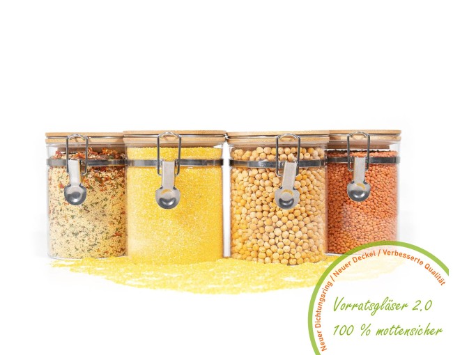 Clipverschluss Vorratsgläser mit Bambusdeckel 4er Set 850ml