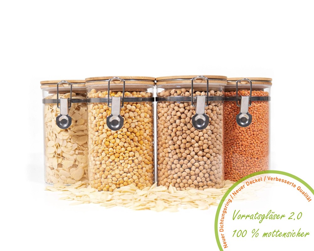 Clipverschluss Vorratsgläser mit Bambusdeckel 4er Set 1000ml