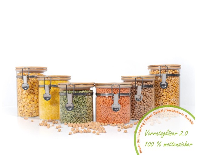 Clip-on storage jars with bamboo lids, set of 6