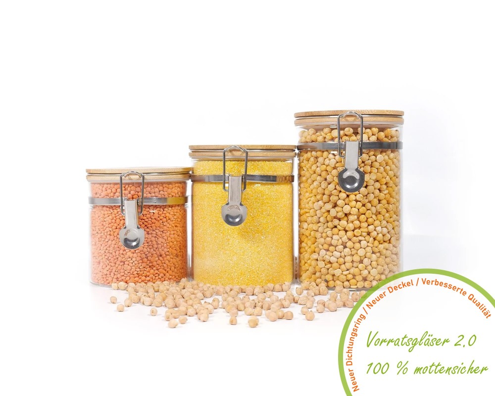 Clip-on storage jars with bamboo lids, set of 3