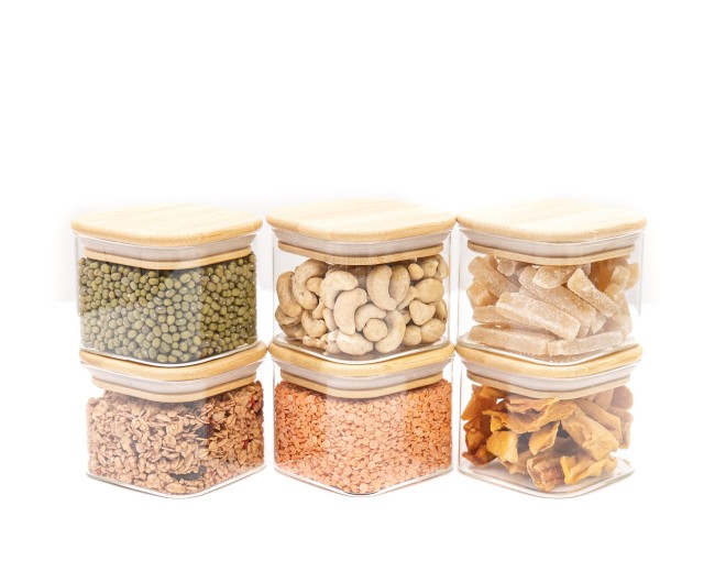 Barattoli rotondi con coperchio in bambù, set da 4, 800 ml