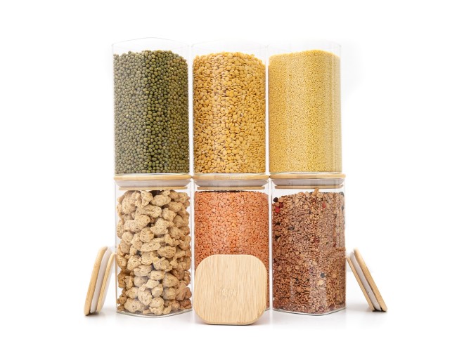 Round storage jars with bamboo lids, set of 4, 800ml