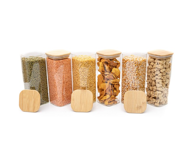 Round storage jars with bamboo lids, set of 4, 800ml