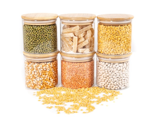 Barattoli rotondi con coperchio in bambù, set da 4, 800 ml