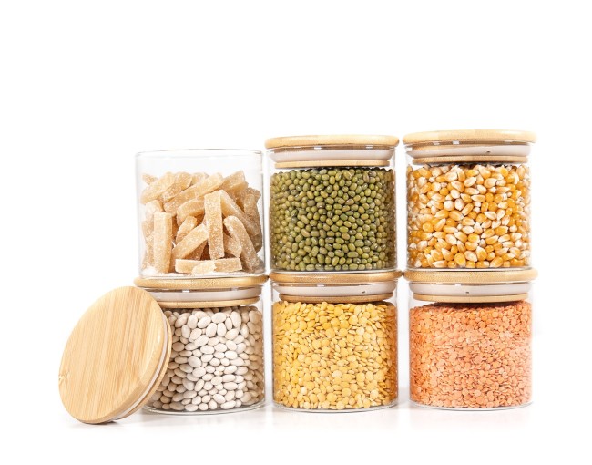 Barattoli rotondi con coperchio in bambù, set da 4, 800 ml