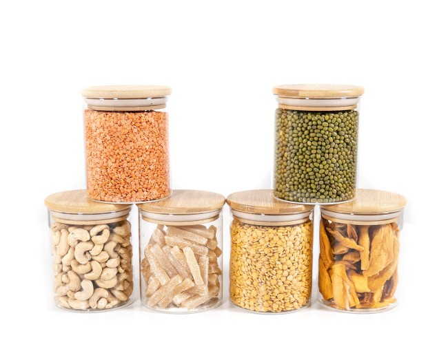 Round storage jars with bamboo lids, set of 4, 800ml