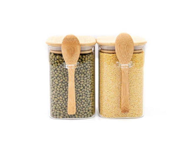 Storage jars with bamboo lid and spoon, set of 2, square