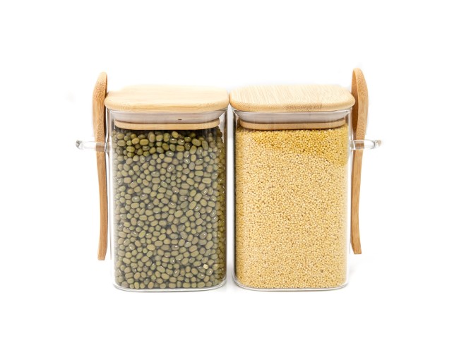 Storage jars with bamboo lid and spoon, set of 2, square