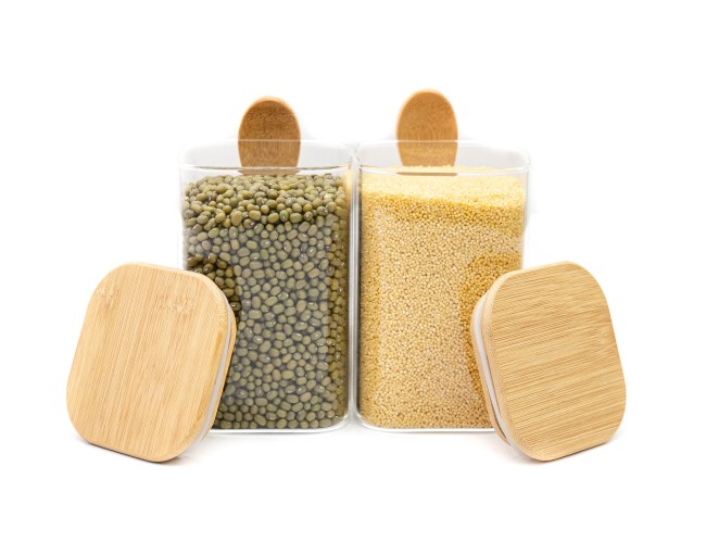 Storage jars with bamboo lid and spoon, set of 2, square