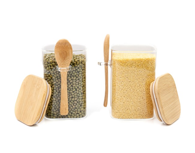 Storage jars with bamboo lid and spoon, set of 2, square