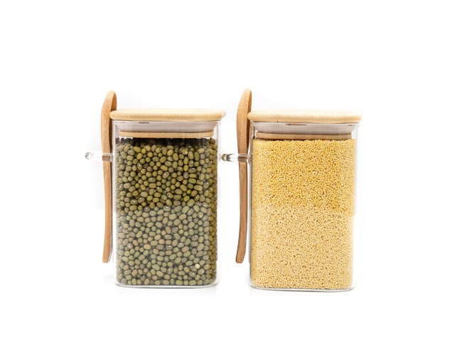 Storage jars with bamboo lid and spoon, set of 2, square