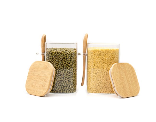 Bocaux de conservation avec couvercle en bambou et cuillère, lot de 2, carrés