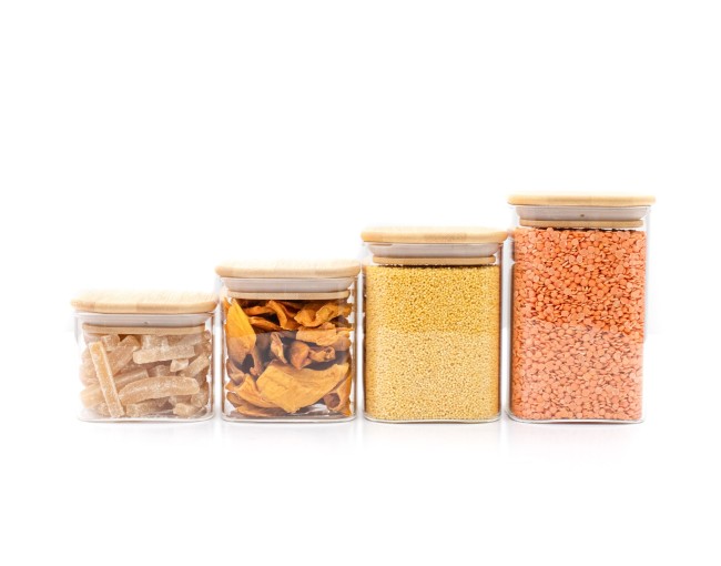 Barattoli di stoccaggio quadrati stretti, set da 4, piccoli, Ø8cm