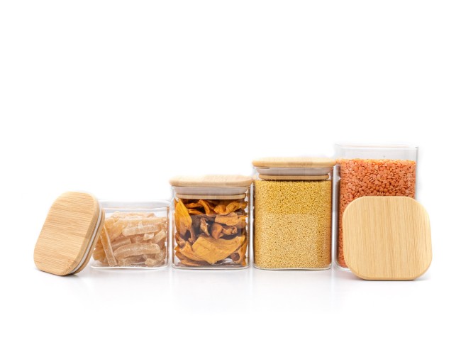 Barattoli di stoccaggio quadrati stretti, set da 4, piccoli, Ø8cm