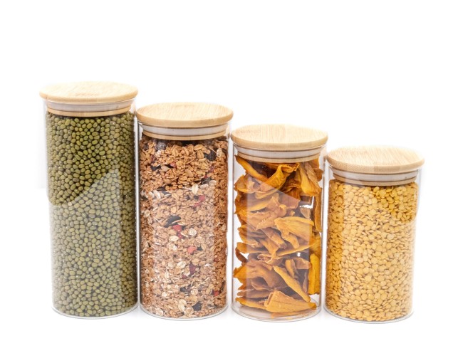 Round storage jars with bamboo lids, set of 4, 800ml
