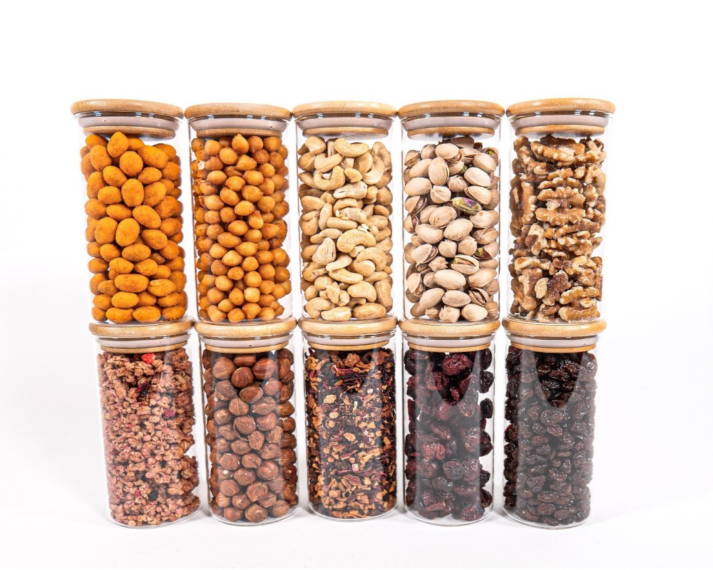 Narrow storage jars 12 cm high with bamboo lids, set of 10