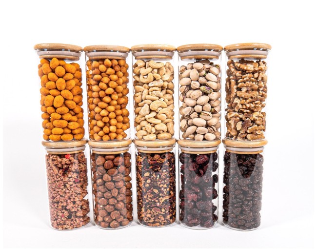 Narrow storage jars 12 cm high with bamboo lids, set of 10