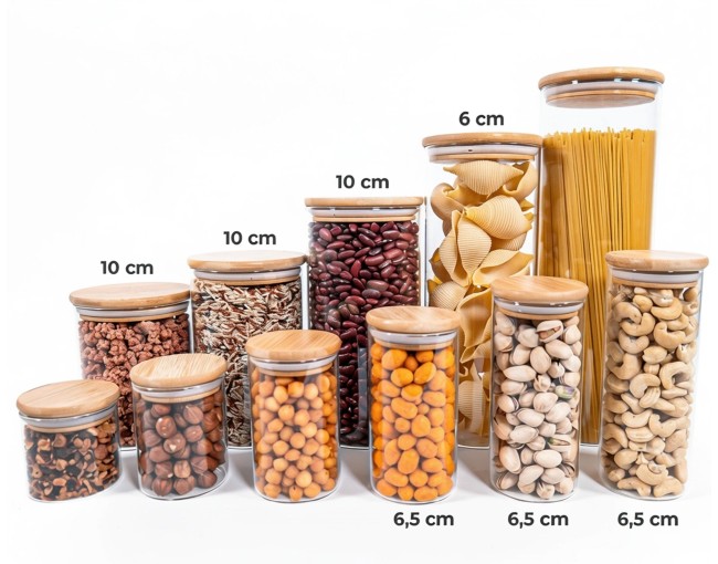 Barattoli di stoccaggio stretti alti 10 cm con coperchi in bambù, set da 10