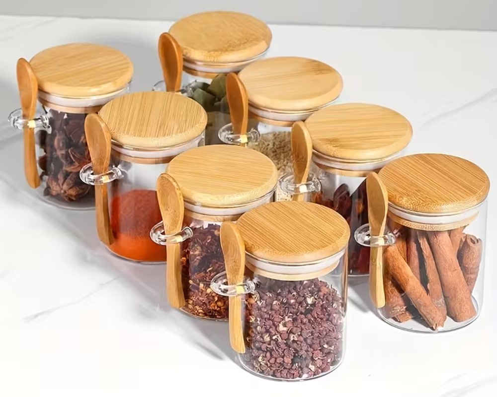 Storage jars with bamboo lid and spoon, set of 2