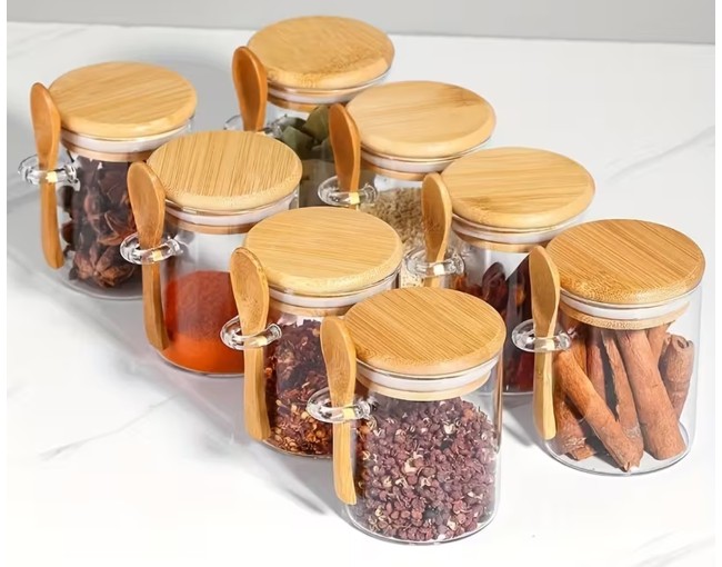 Vorratsgläser mit Bambusdeckel und Löffel 4er Set 280ml