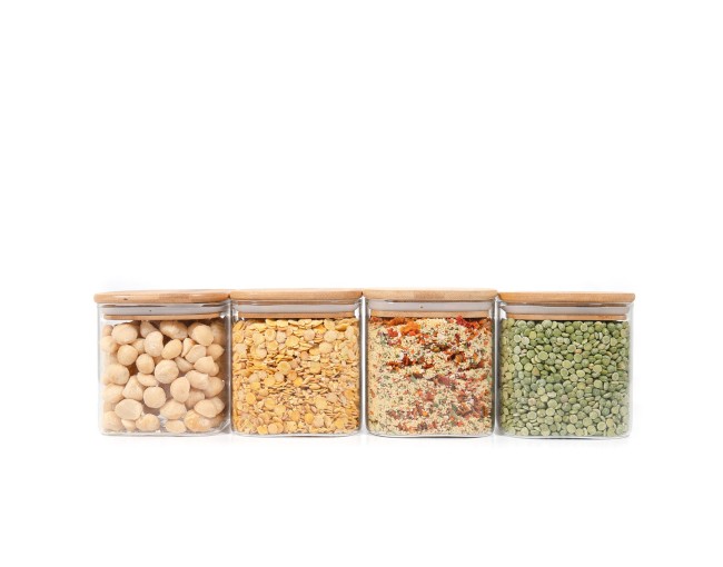 Barattoli quadrati con coperchio in bambù, set da 4, 800 ml