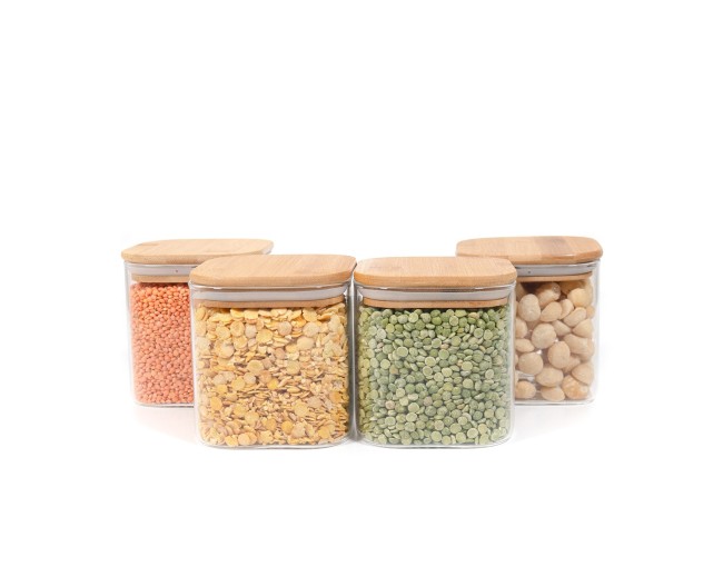 Barattoli quadrati con coperchio in bambù, set da 4, 800 ml