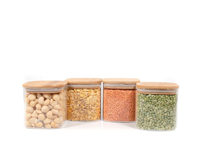 Barattoli quadrati con coperchio in bambù, set da 4, 800 ml