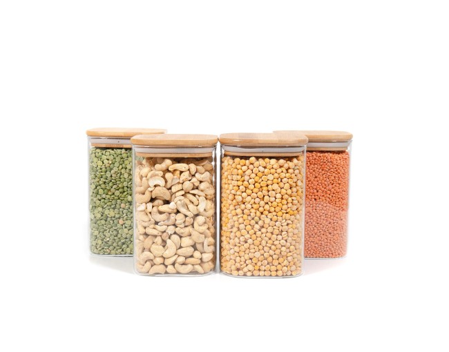 Barattoli quadrati con coperchio in bambù, set da 4, 1200 ml