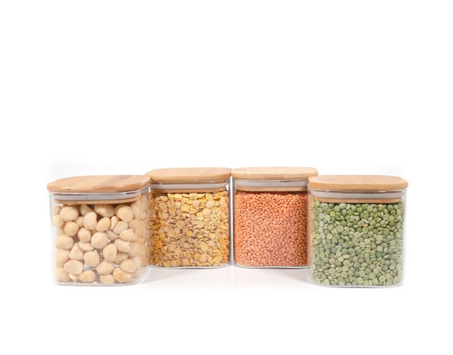 Square storage jars with bamboo lids, set of 4, 800ml