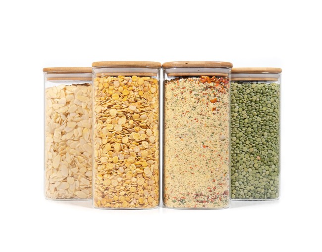 Quadratische Vorratsgläser mit Bambusdeckel 4er Set 1600ml