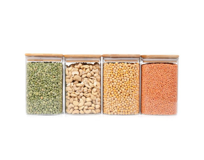 Quadratische Vorratsgläser mit Bambusdeckel 4er Set 1200ml