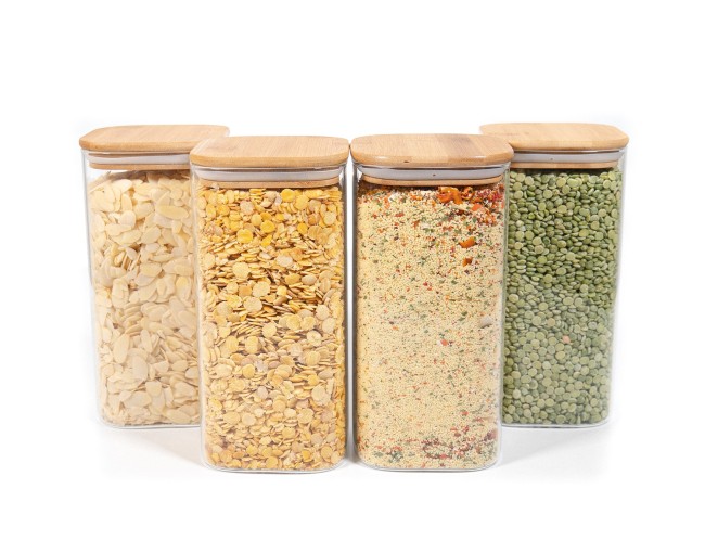 Bocaux de conservation carrés avec couvercles en bambou, lot de 4, 1600 ml