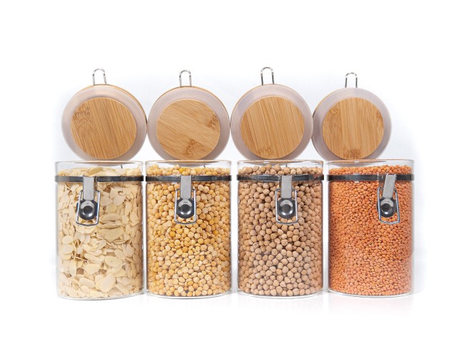 Clipverschluss Vorratsgläser mit Bambusdeckel 4er Set 1000ml