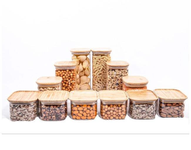 Gift set of square storage jars with bamboo lids