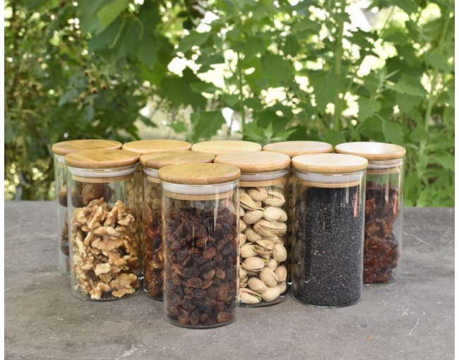Narrow storage jars 12 cm high with bamboo lids, set of 10