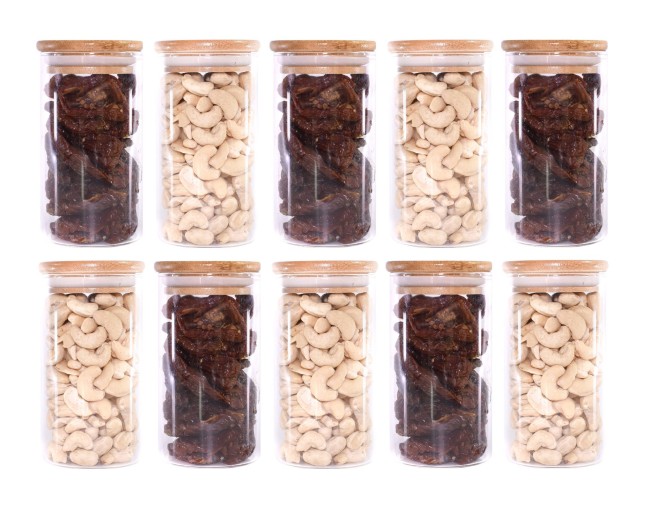 Narrow storage jars 12 cm high with bamboo lids, set of 10
