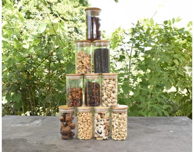 Narrow storage jars 12 cm high with bamboo lids, set of 10