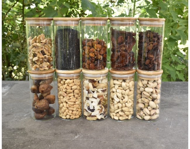 Narrow storage jars 12 cm high with bamboo lids, set of 10