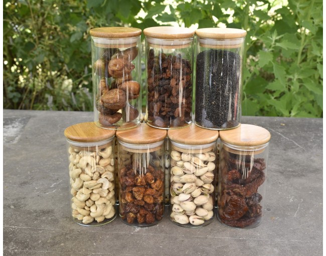 Narrow storage jars 12 cm high with bamboo lids, set of 10