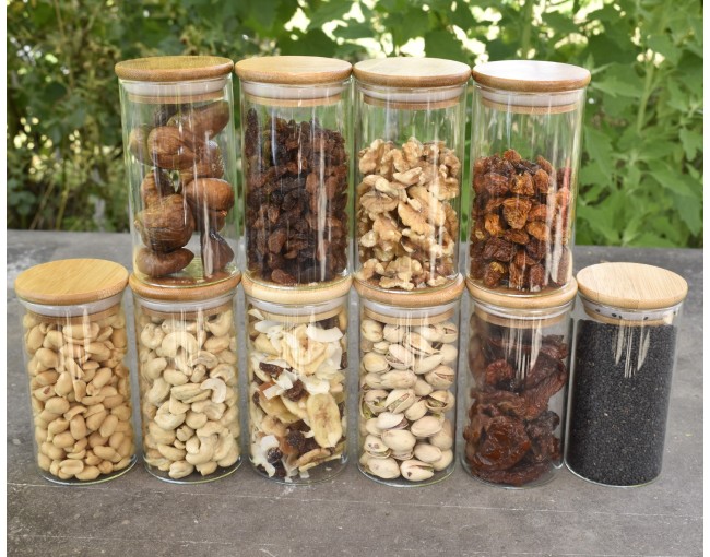 Narrow storage jars 12 cm high with bamboo lids, set of 10