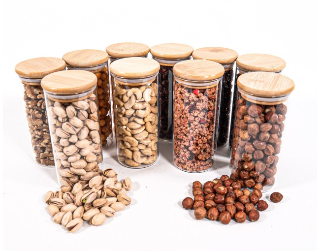 Narrow storage jars 14 cm high with bamboo lids, set of 10