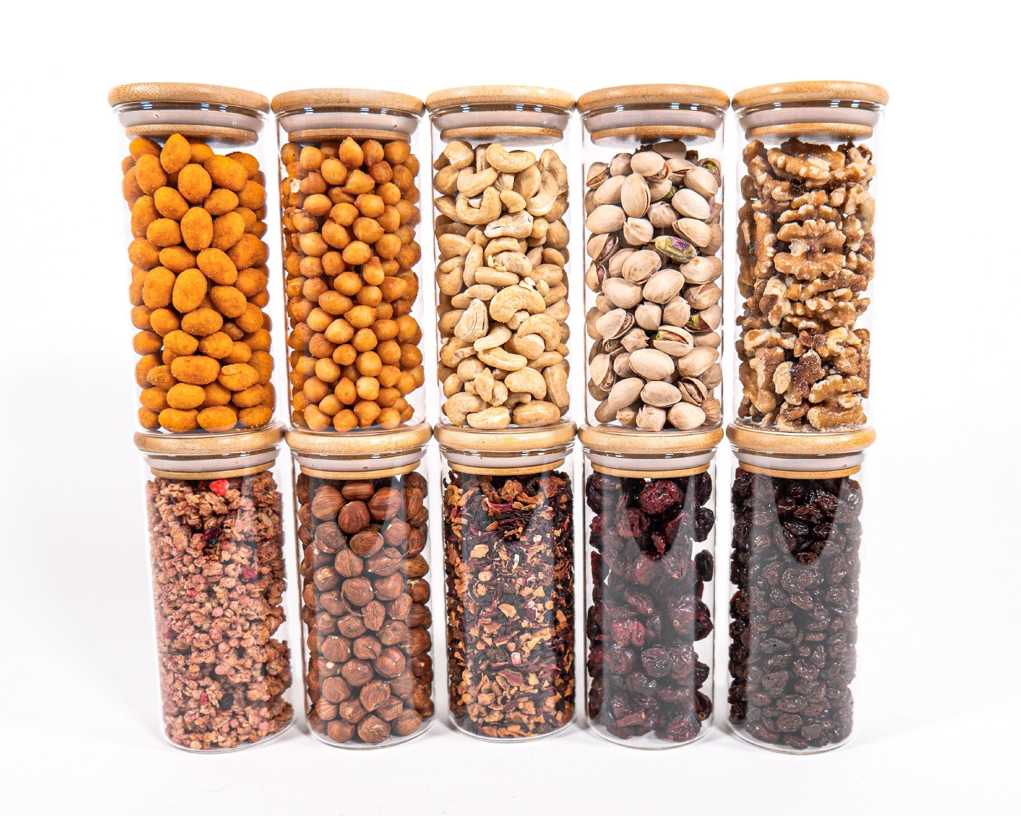 Bocaux de conservation étroits de 14 cm de haut avec couvercles en bambou, lot de 10 Bocaux de conservation étroits de 14 cm de haut avec couvercles en bambou, lot de 10